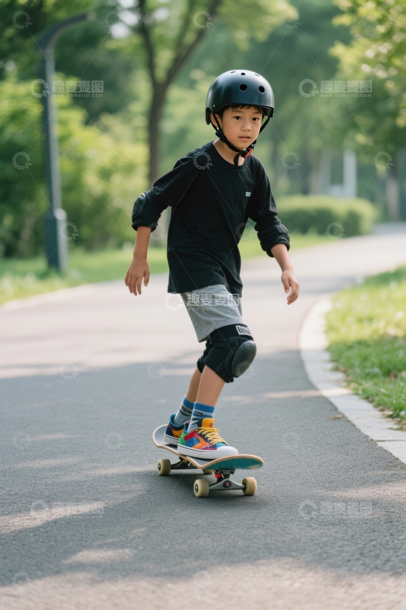 高清大图下载【趣麦麦图】林荫道滑板童防护行