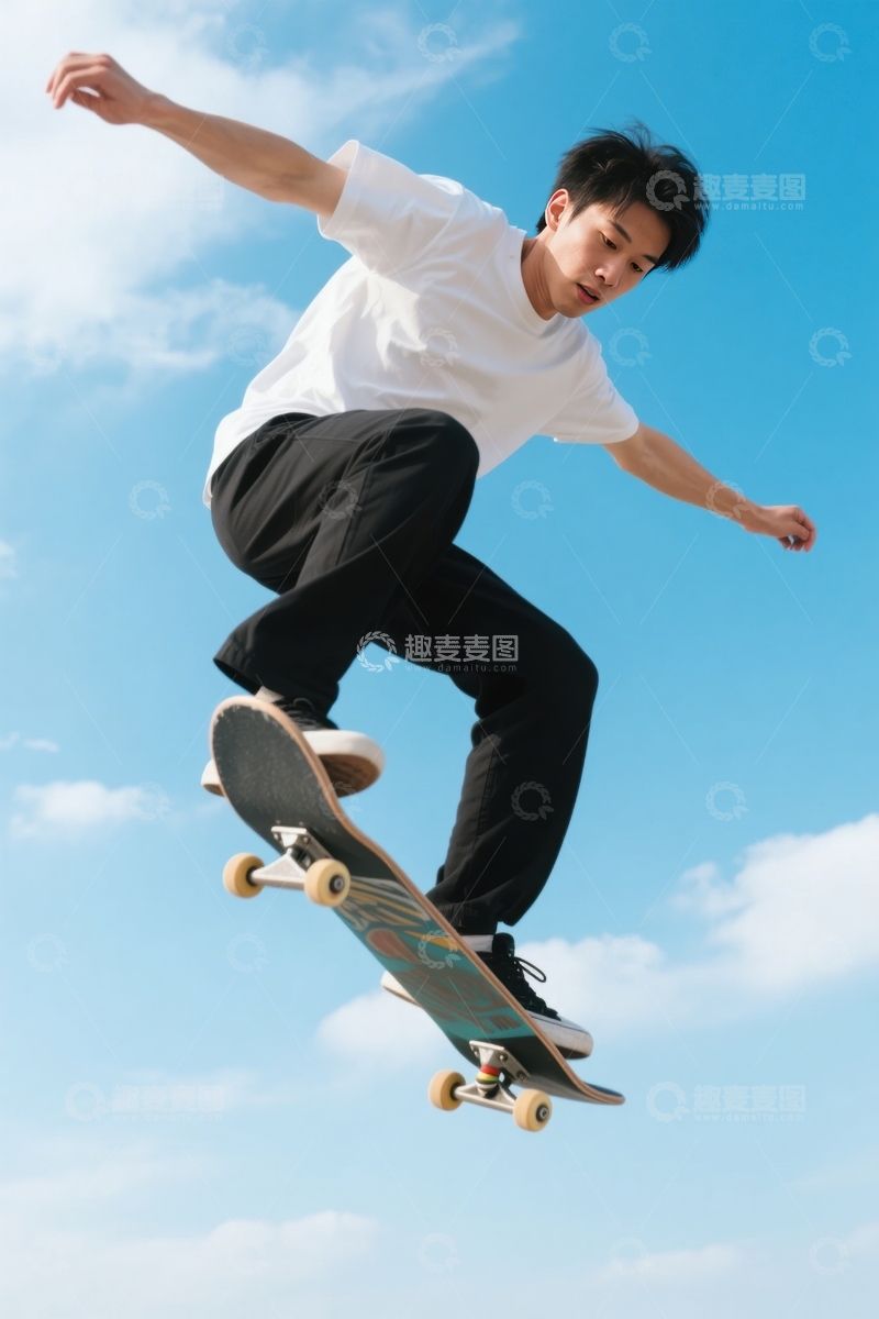 高清大图下载【趣麦麦图】男子蓝天滑板精彩腾跃