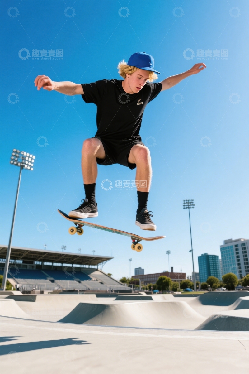 高清大图下载【趣麦麦图】户外滑板场蓝帽腾跃