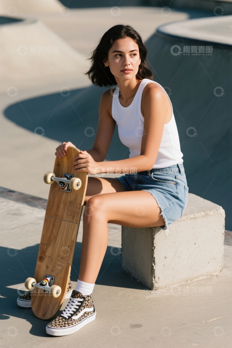 高清大图下载【趣麦麦图】滑板场少女静思瞬间