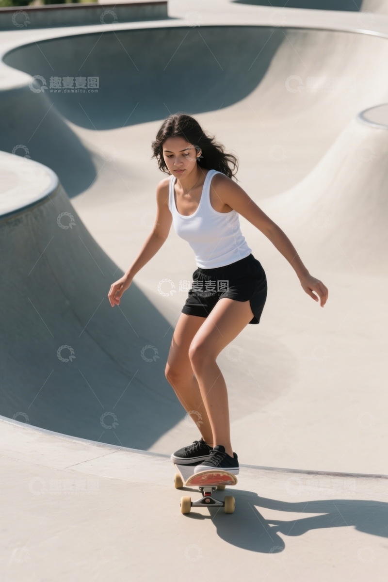 高清大图下载【趣麦麦图】女子滑板场专注滑行