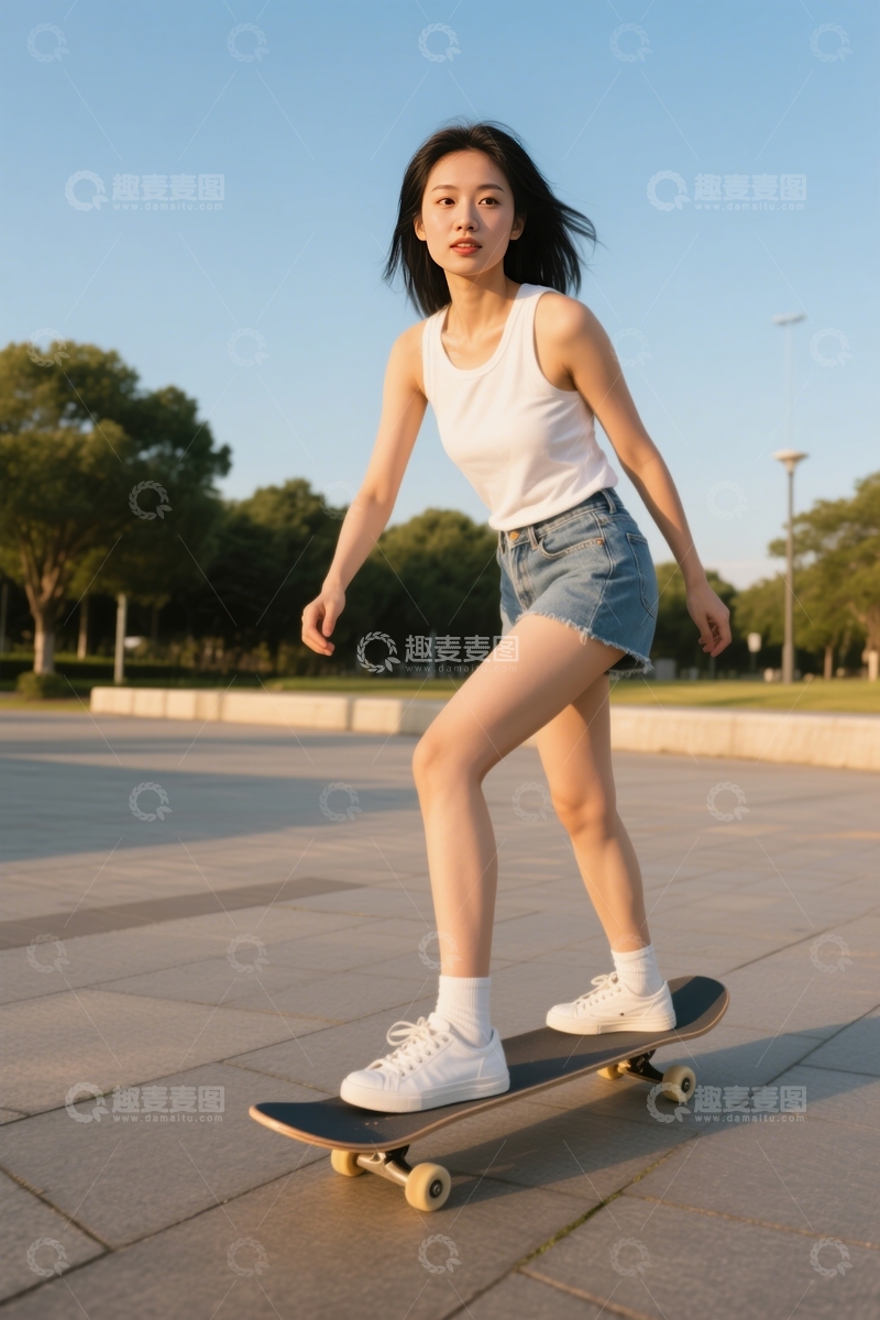 高清大图下载【趣麦麦图】女子户外滑板休闲滑行