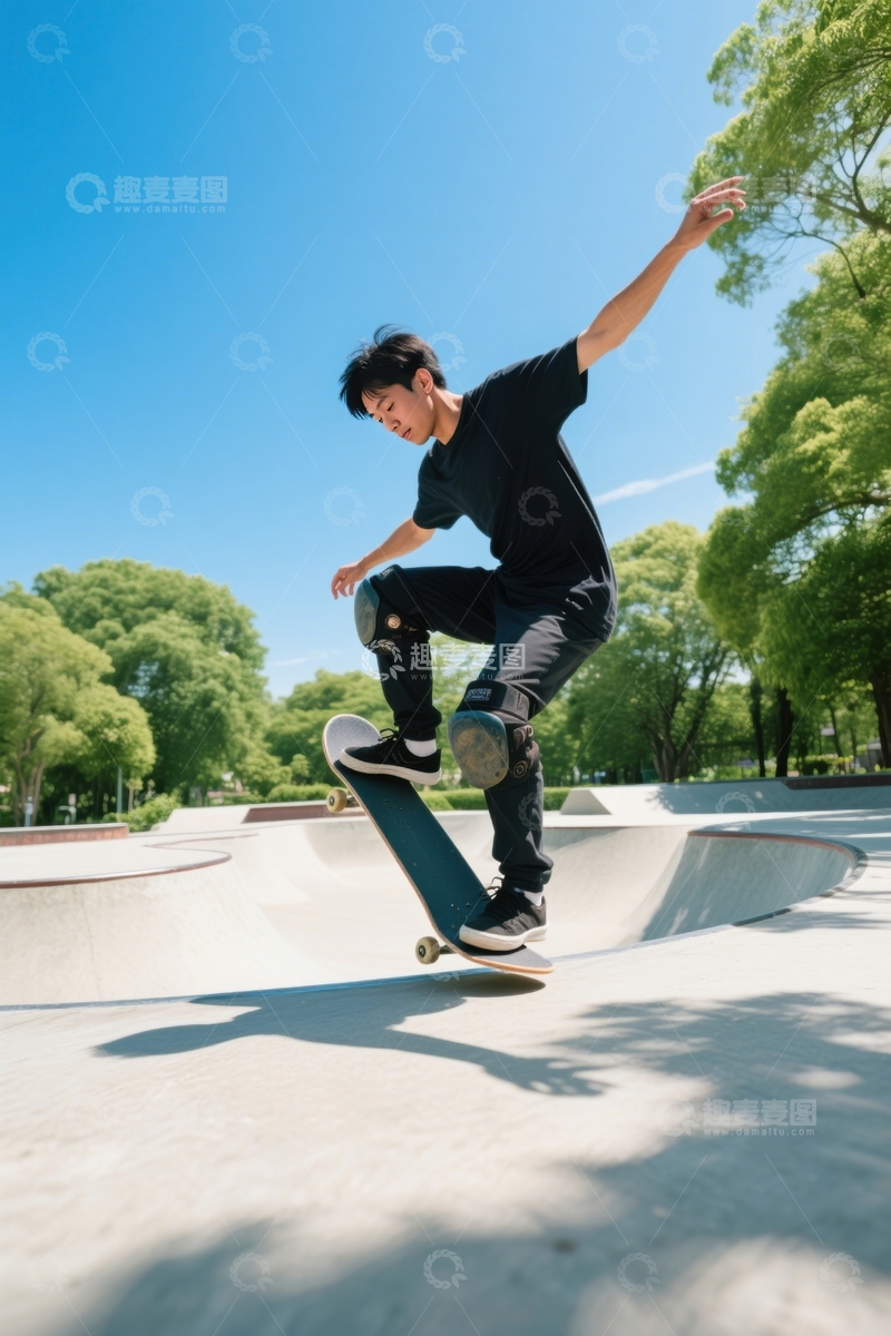 高清大图下载【趣麦麦图】男子滑板场施展酷炫动作
