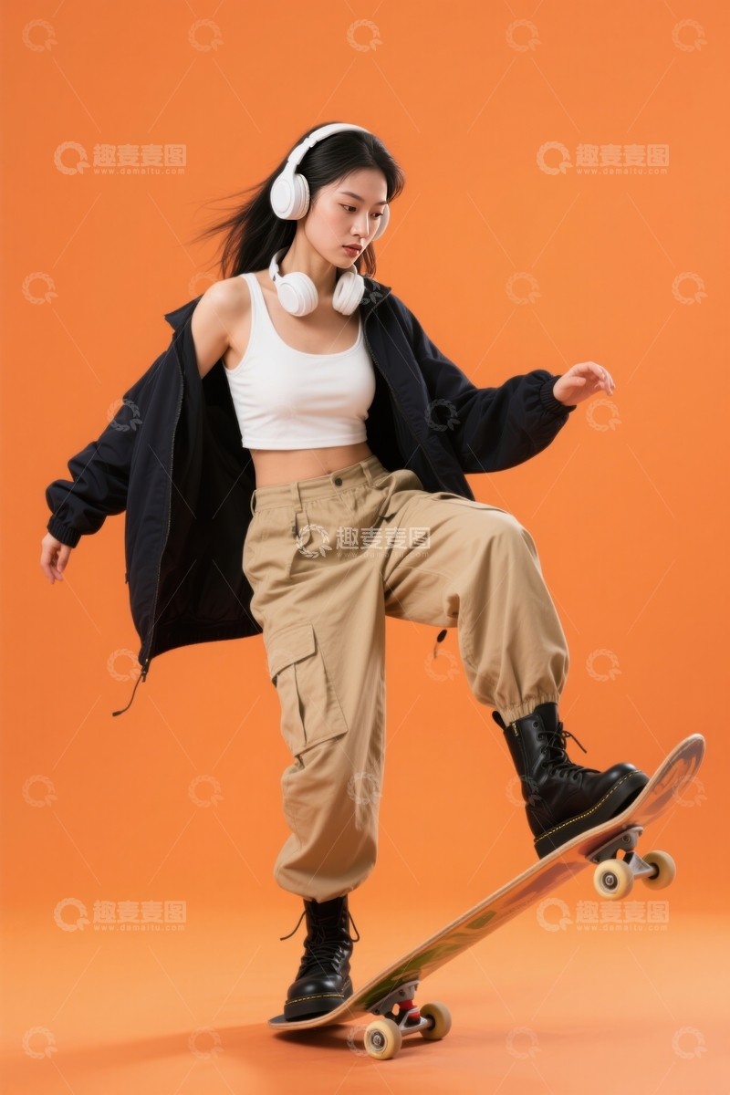 高清大图下载【趣麦麦图】时尚少女滑板动感瞬间