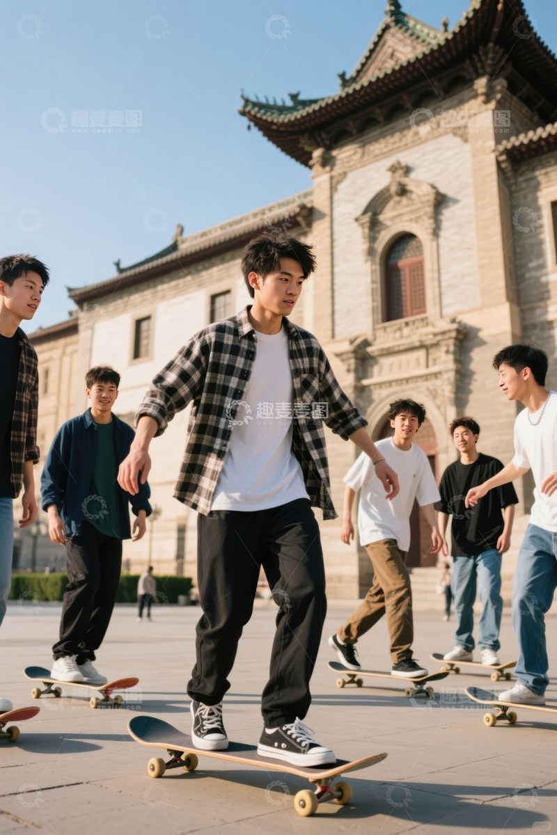 高清大图下载【趣麦麦图】古建筑前滑板群行1