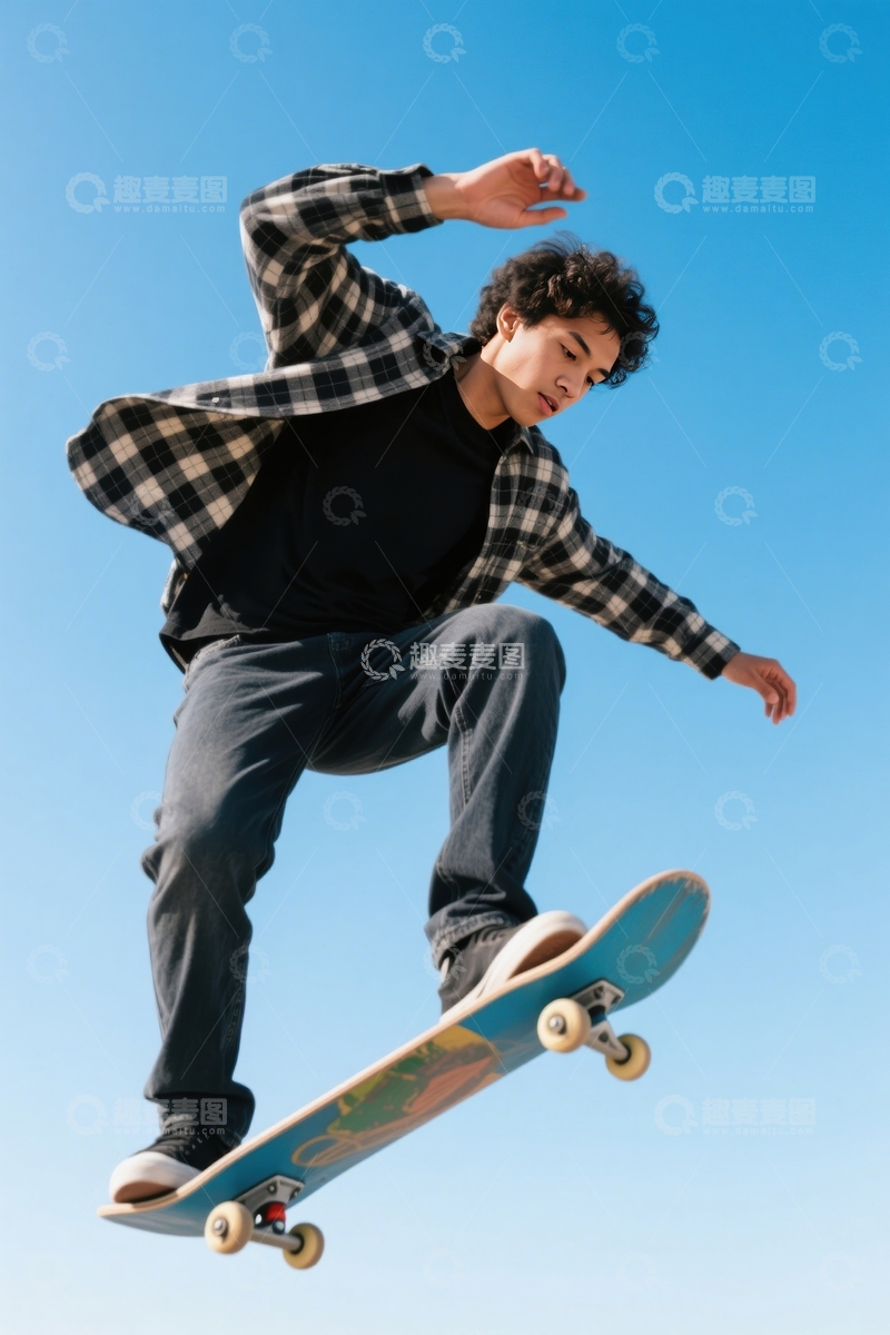 高清大图下载【趣麦麦图】青年户外滑板酷炫跳跃