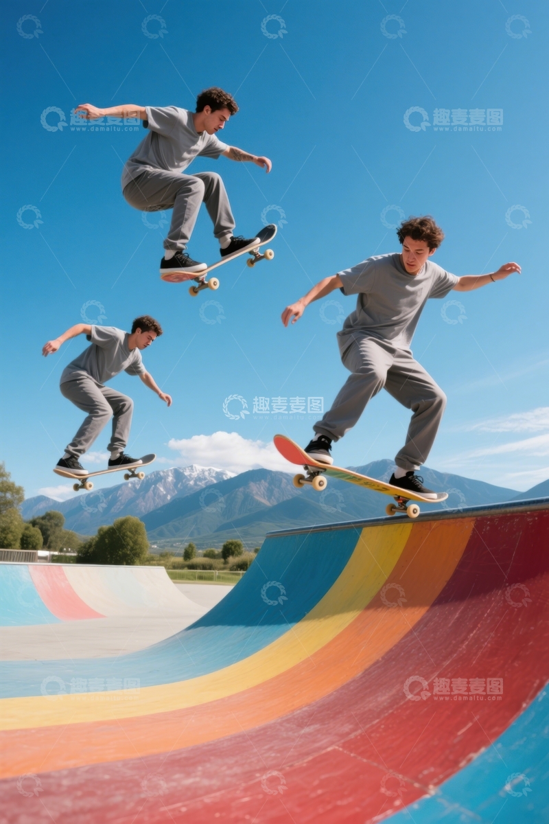 高清大图下载【趣麦麦图】彩虹滑板场极限炫技