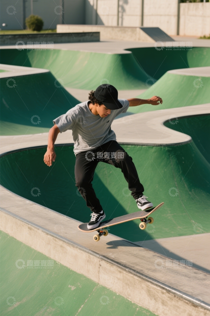 高清大图下载【趣麦麦图】绿滑板场黑帽男炫技