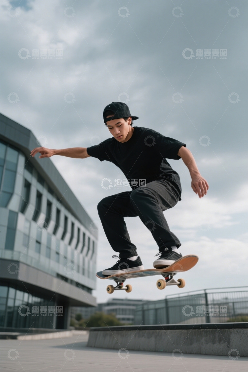 高清大图下载【趣麦麦图】男子建筑旁滑板腾跃