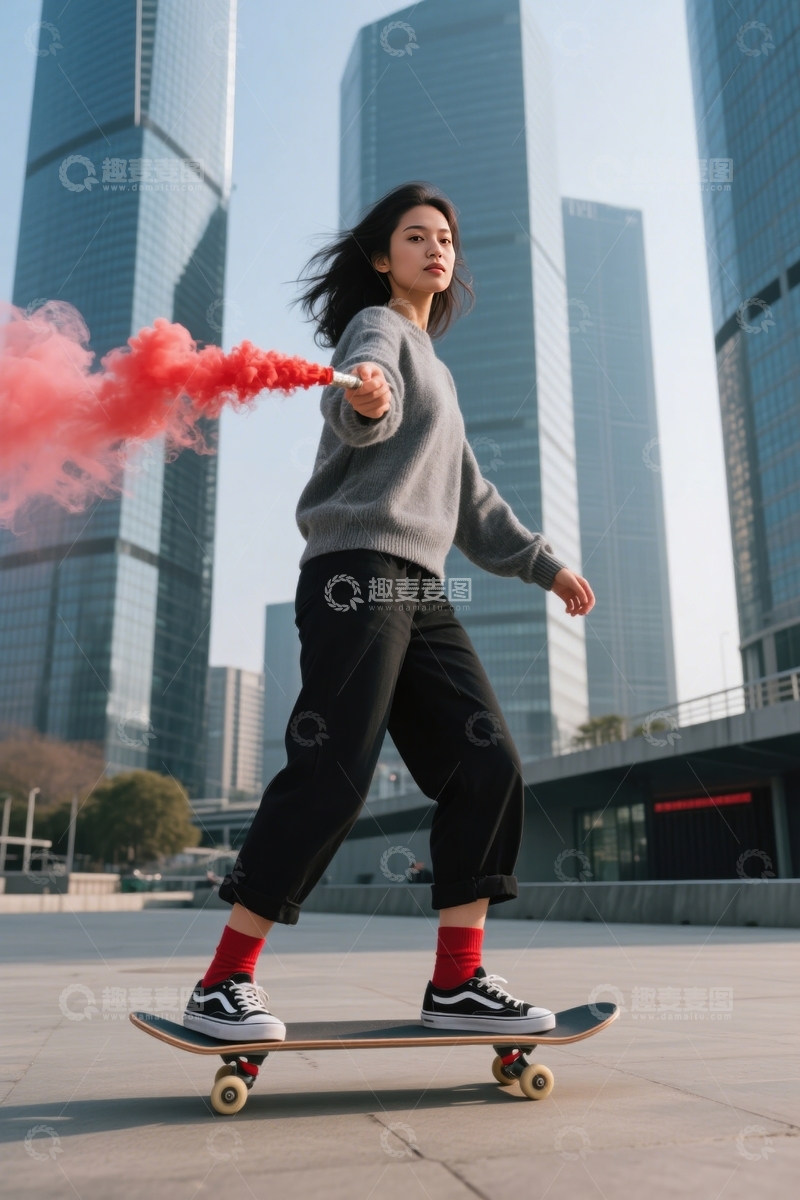 高清大图下载【趣麦麦图】女子城市街头滑板持烟