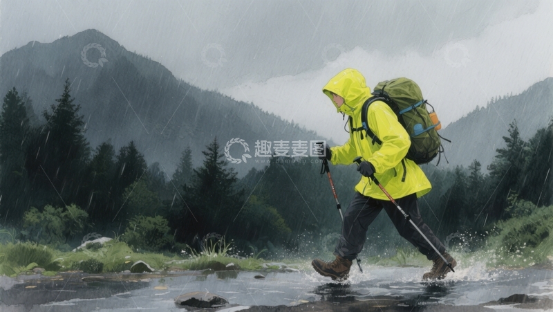 高清大图下载【趣麦麦图】雨中登山健行