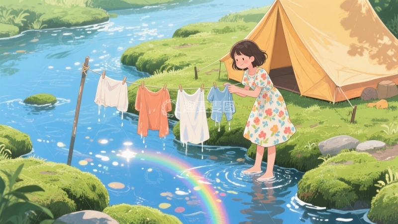 高清大图下载【趣麦麦图】溪边晾衣：童年与自然的诗意