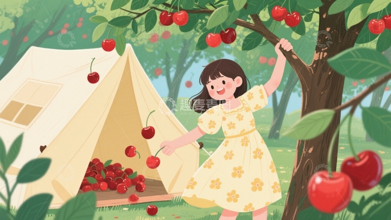 高清大图下载【趣麦麦图】野餐采樱桃：女孩与帐篷。