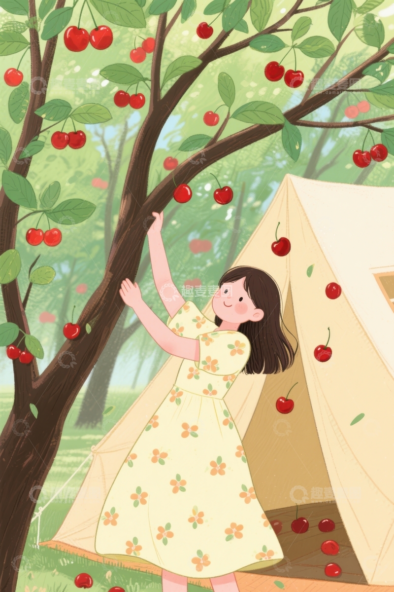 高清大图下载【趣麦麦图】-樱桃树下的女孩