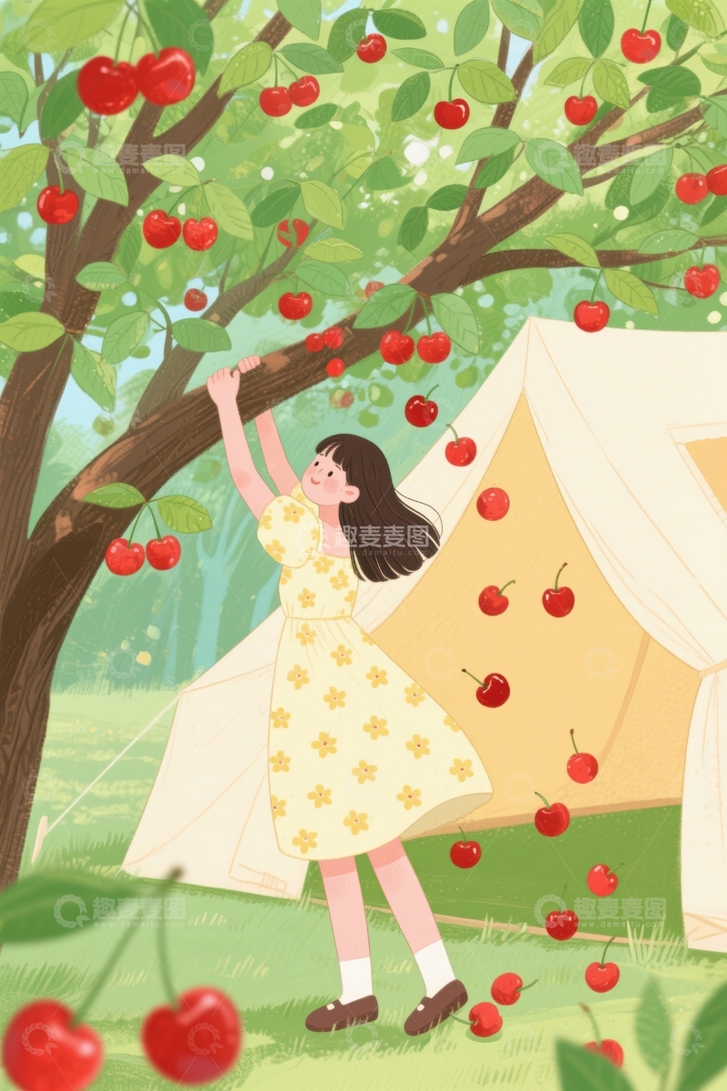 高清大图下载【趣麦麦图】-摘樱桃的女孩
