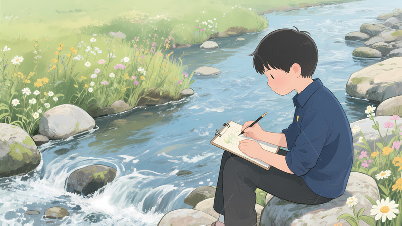 溪边风景与少年画梦