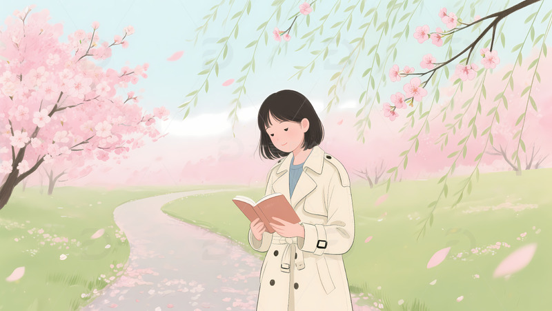 樱花树下的少女与书籍