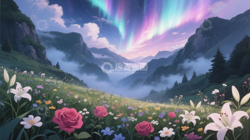 高清大图下载【趣麦麦图】山间花田的极光绮景