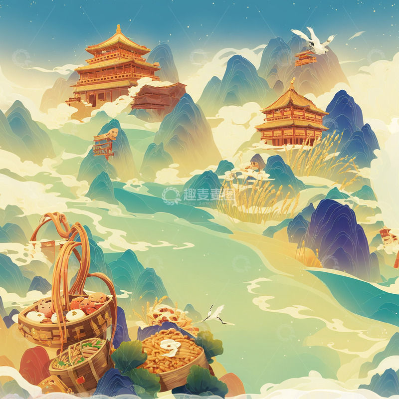 高清大图下载【趣麦麦图】齿轮和麦穗劳动节插画