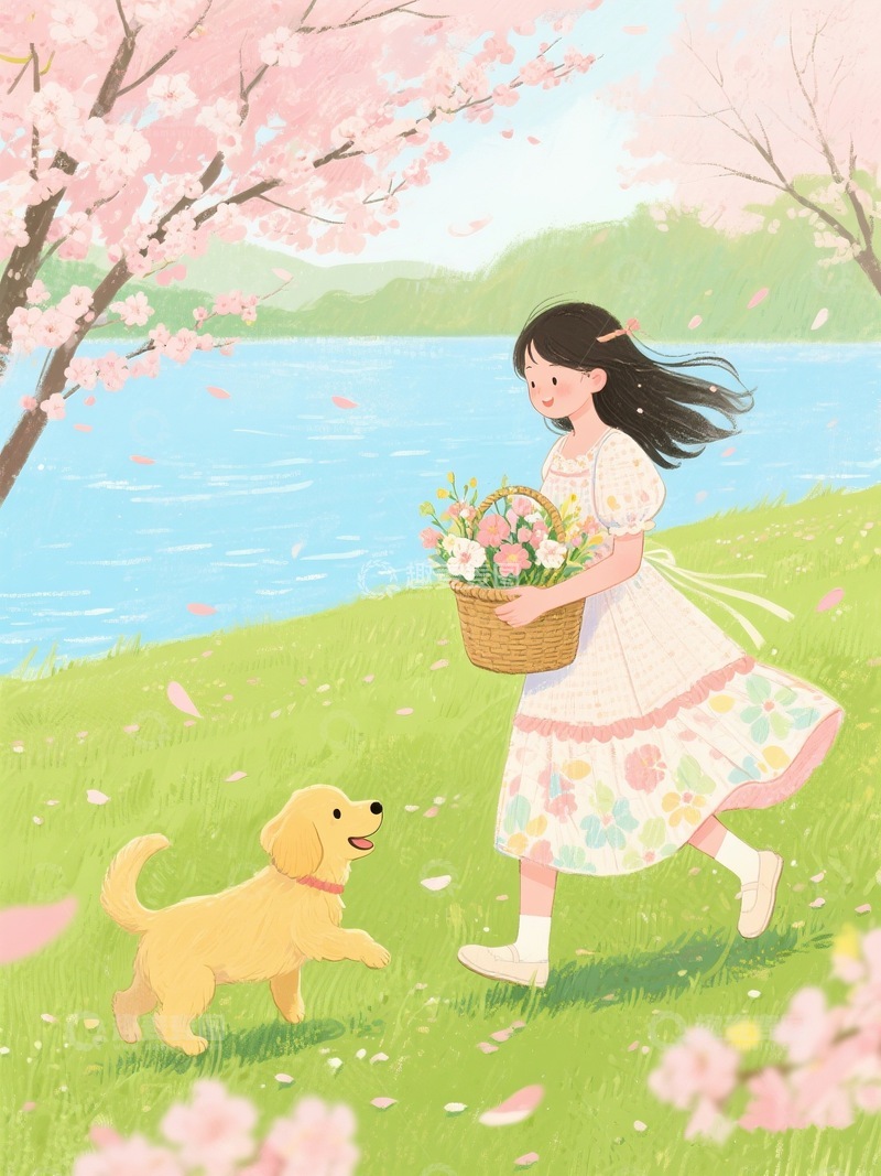 高清大图下载【趣麦麦图】樱花树下的女孩和狗插画