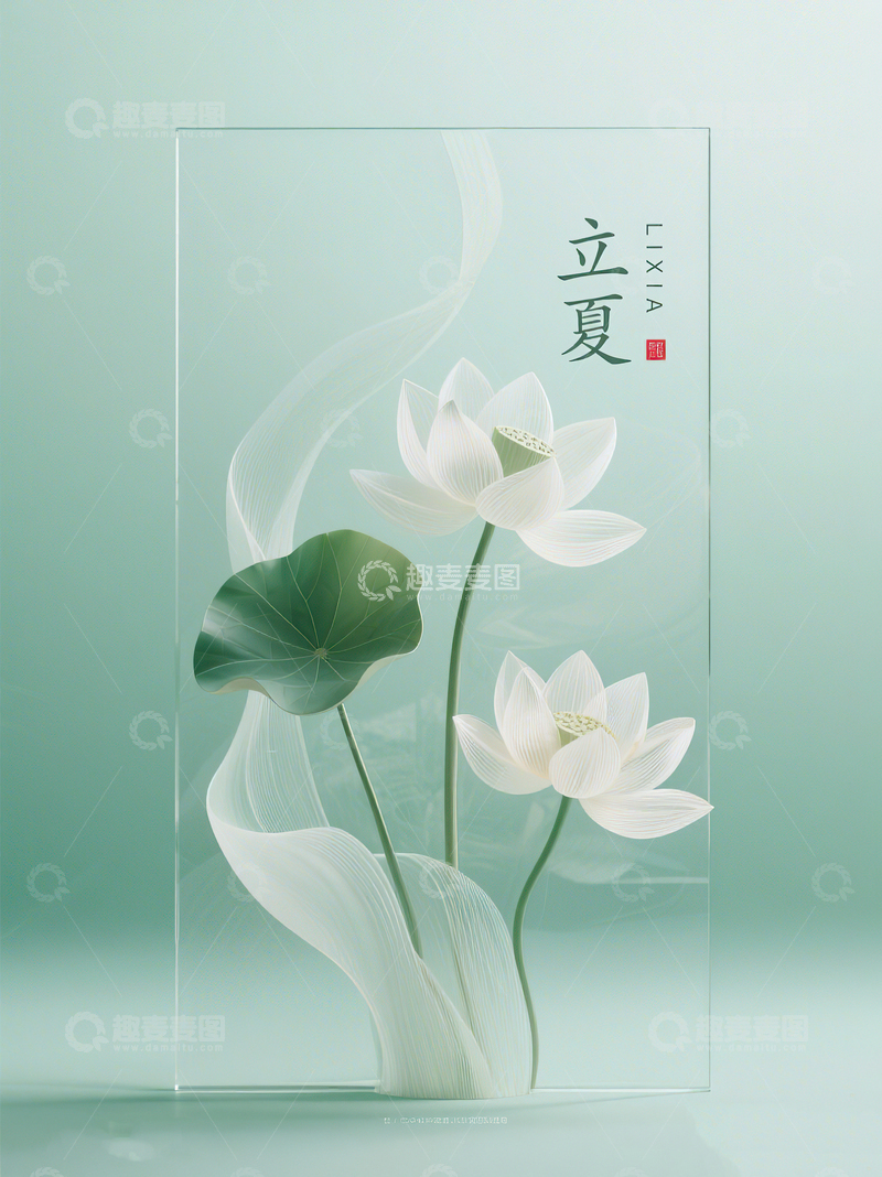 高清大图下载【趣麦麦图】二十四节气立夏绿色渐变荷花背景3