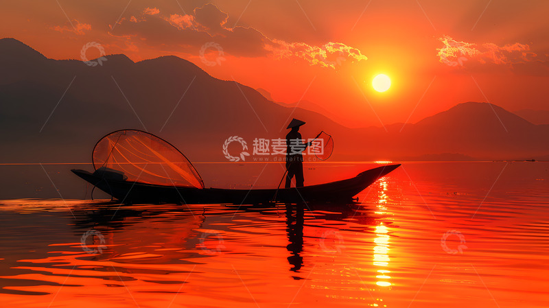 高清大图下载【趣麦麦图】黄昏的农林渔业捕捞1