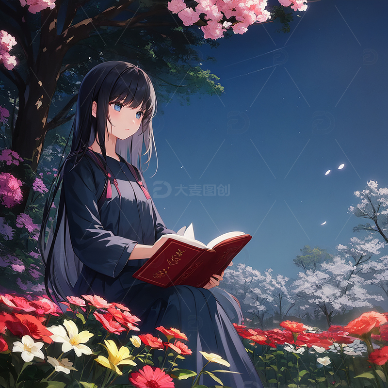 月下读书的少女