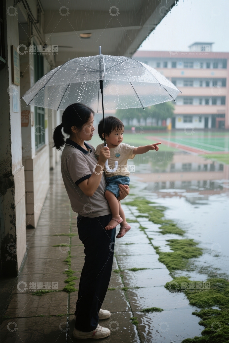 高清大图下载【趣麦麦图】雨中的童年