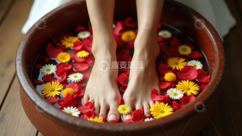 高清大图下载【趣麦麦图】多彩花瓣足浴，畅享悠闲时刻