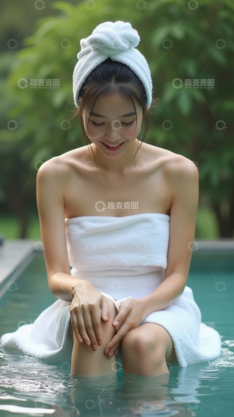 高清大图下载【趣麦麦图】裹浴巾坐泳池边，尽显闲适氛围