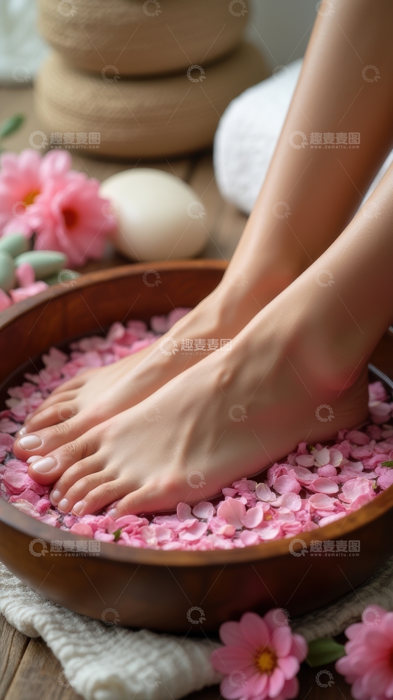 高清大图下载【趣麦麦图】花瓣足浴，放松足部享受惬意时光