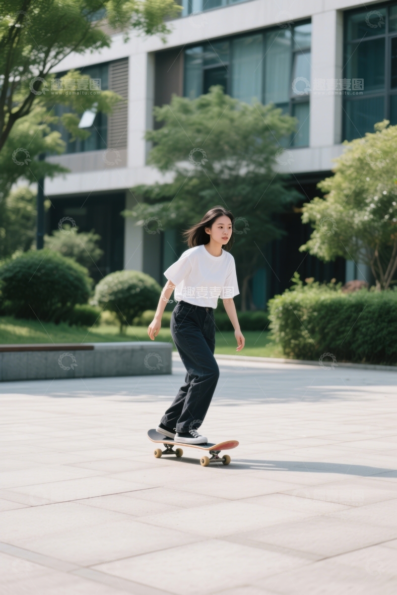 高清大图下载【趣麦麦图】校园旁女子滑板行