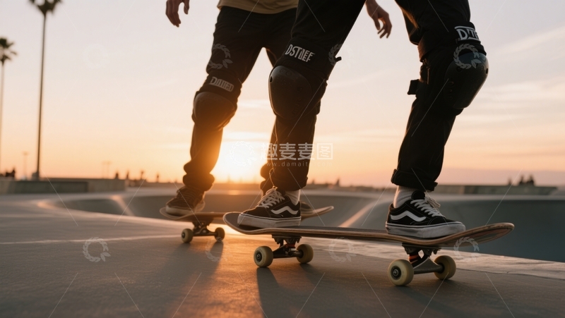 高清大图下载【趣麦麦图】夕阳下的滑板同行