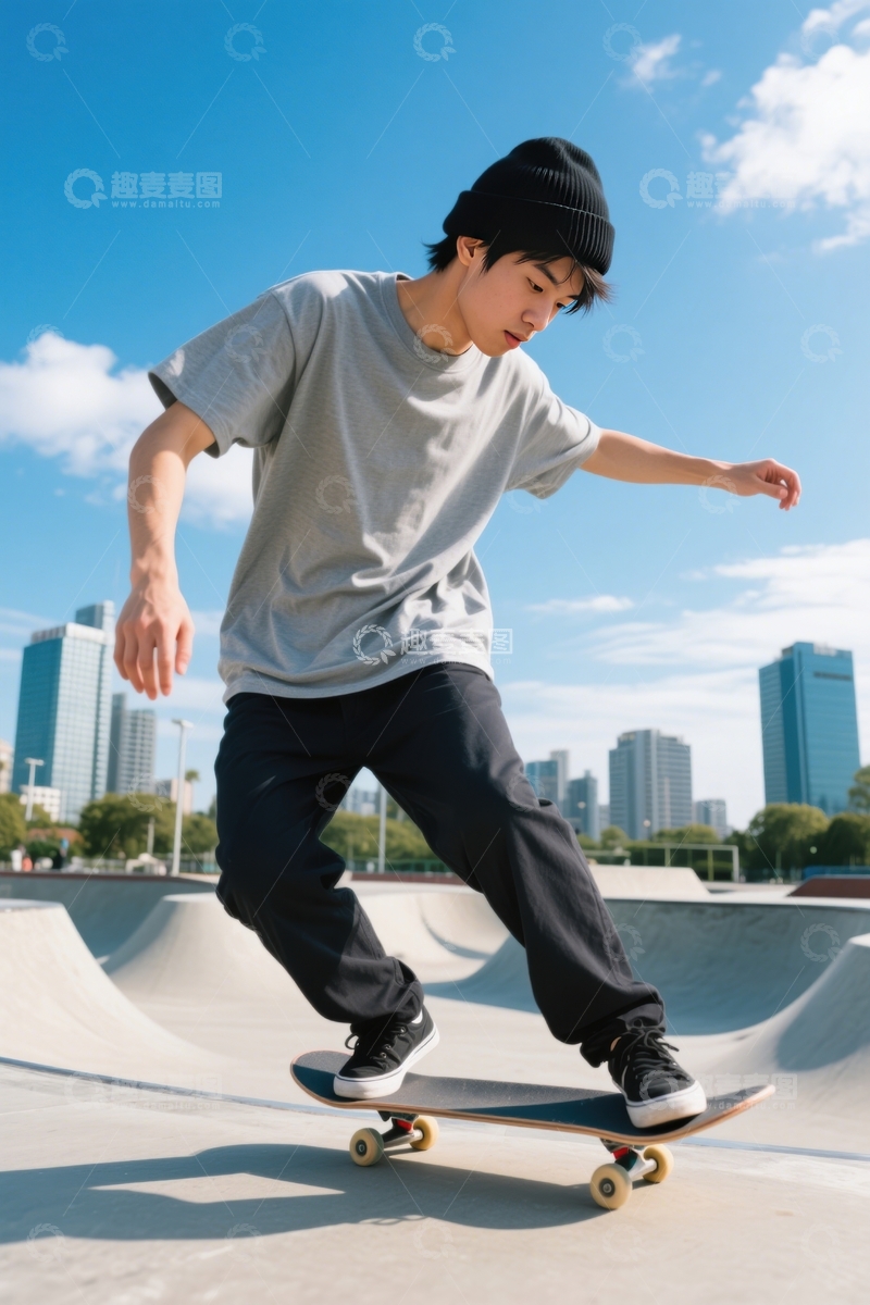 高清大图下载【趣麦麦图】都市滑板场灰衣滑行