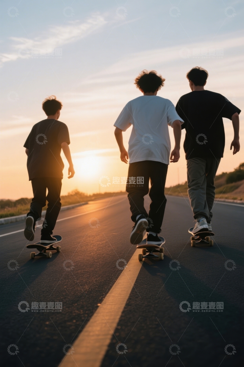 高清大图下载【趣麦麦图】夕阳公路滑板同行