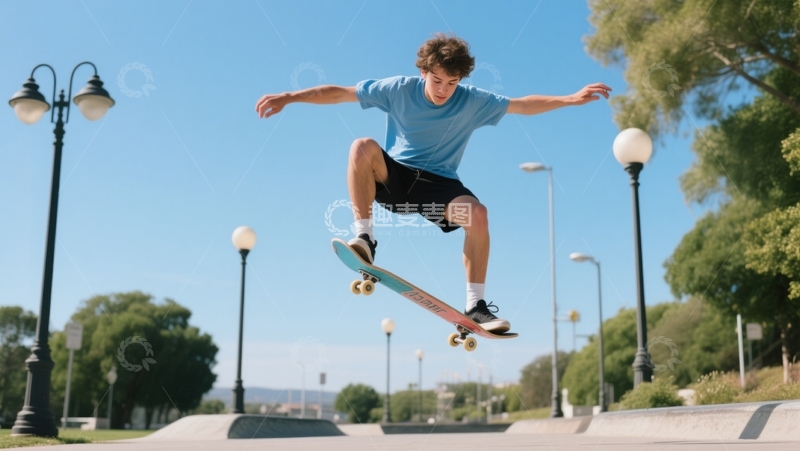 高清大图下载【趣麦麦图】蓝衫少年滑板英姿