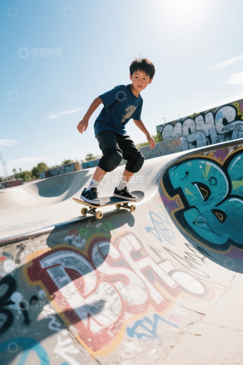 高清大图下载【趣麦麦图】涂鸦滑板场少年飞驰