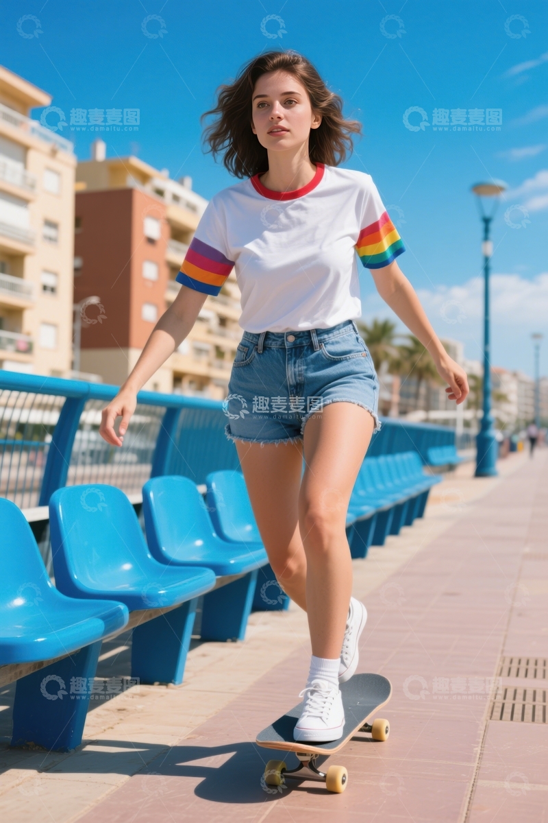 高清大图下载【趣麦麦图】海滨少女滑板休闲时光