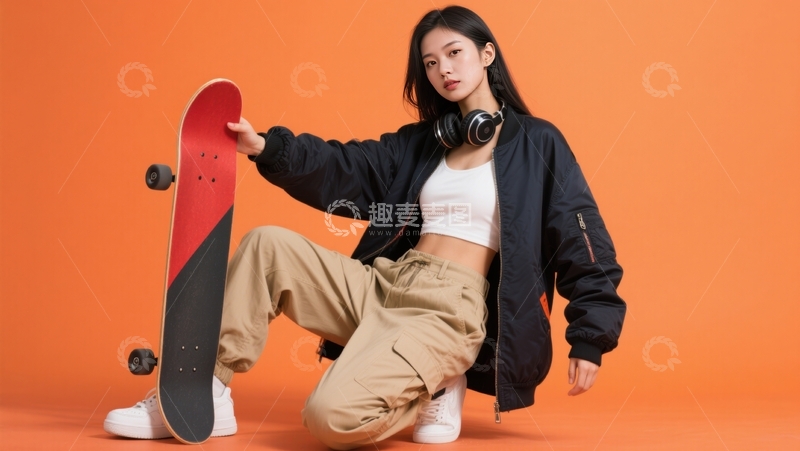 高清大图下载【趣麦麦图】橙幕前滑板者酷姿