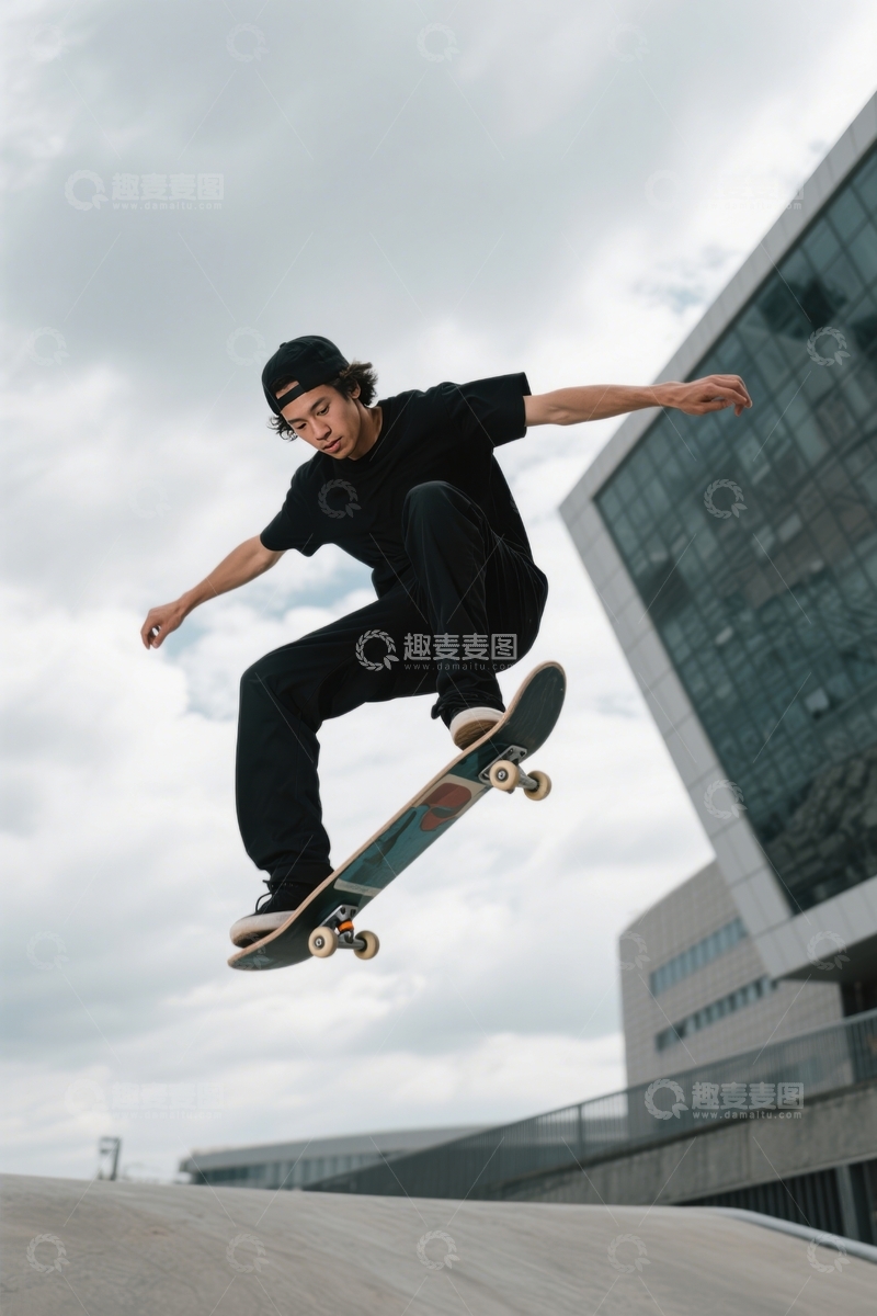高清大图下载【趣麦麦图】现代建筑旁滑板英姿