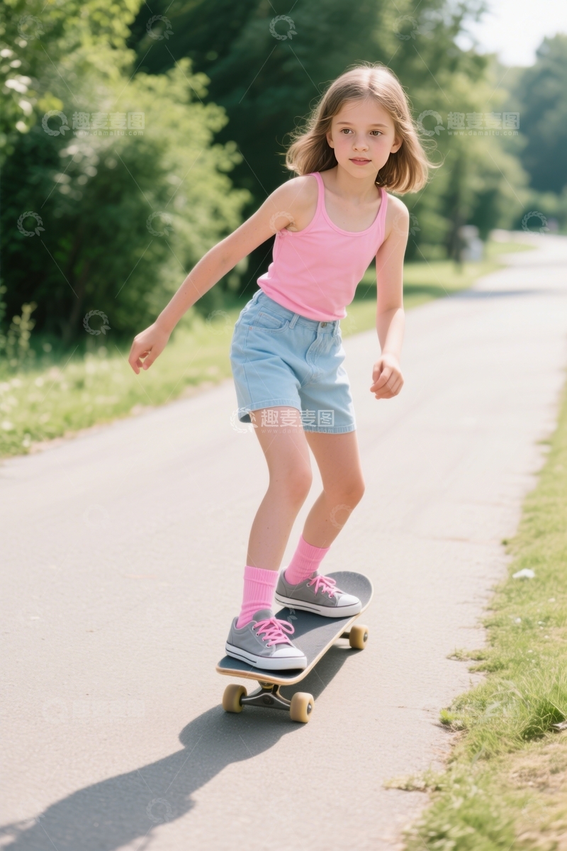 高清大图下载【趣麦麦图】林间小道少女滑板