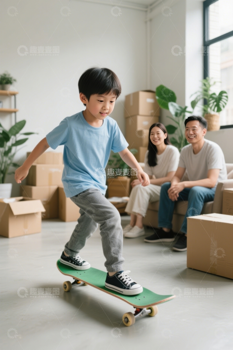 高清大图下载【趣麦麦图】室内孩童滑板初体验