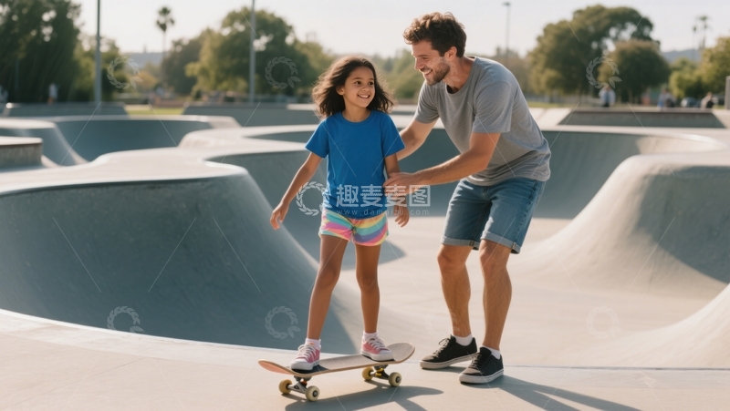 高清大图下载【趣麦麦图】滑板场的亲子教学