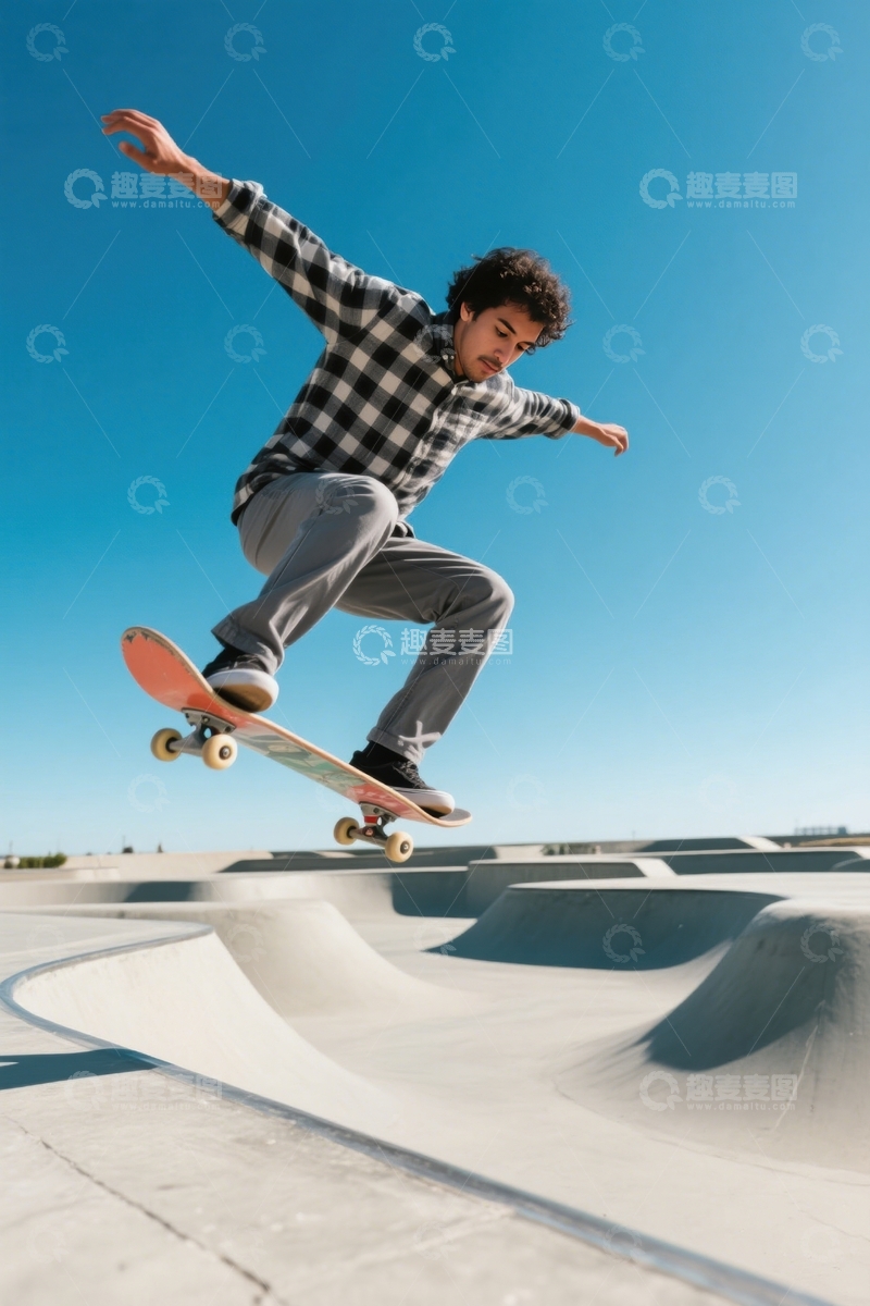 高清大图下载【趣麦麦图】滑板场格子男高难度跳跃