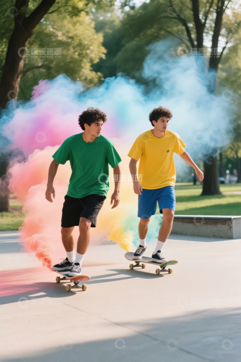 高清大图下载【趣麦麦图】彩烟双少年滑板同行