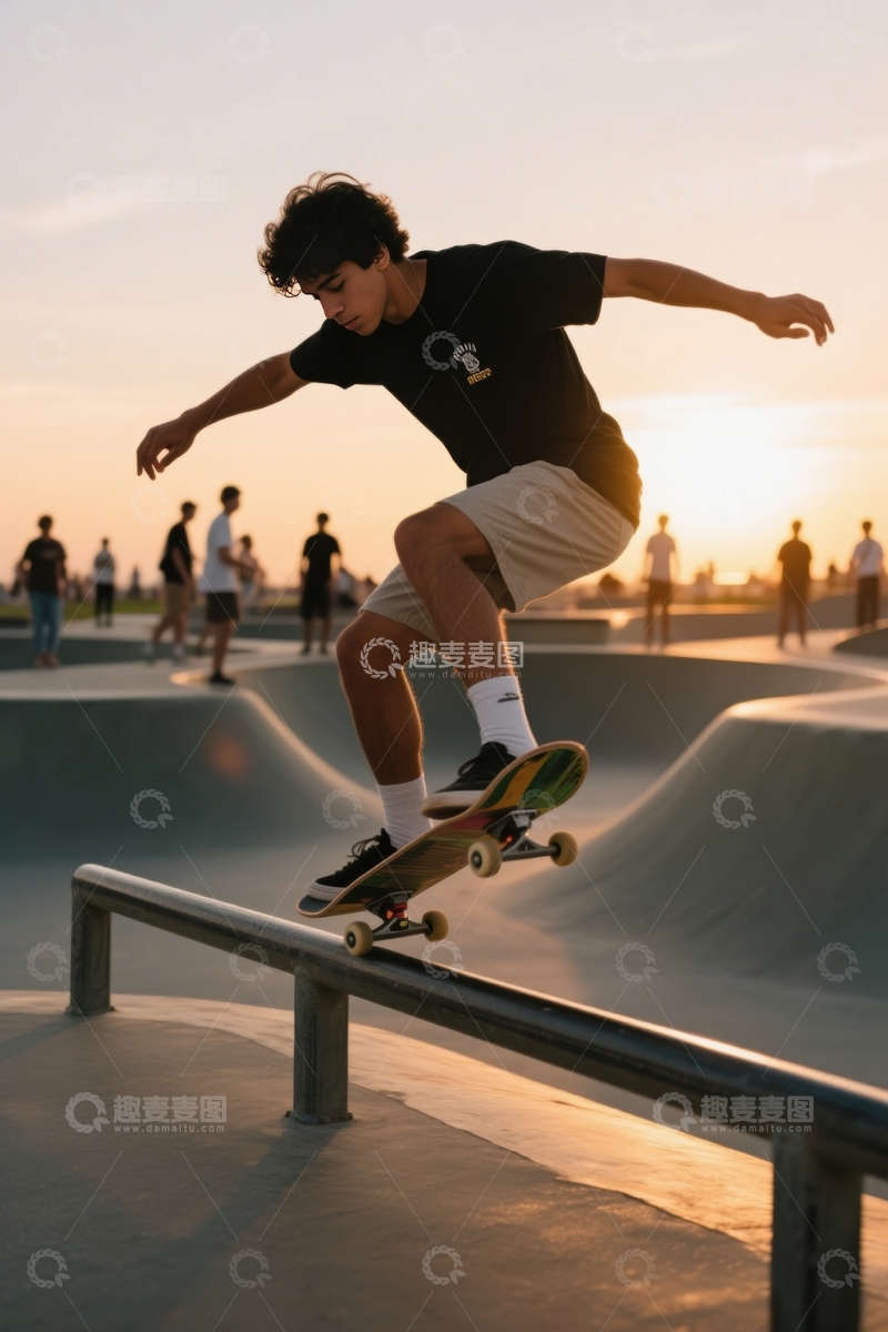 高清大图下载【趣麦麦图】夕阳滑板场杆上特技