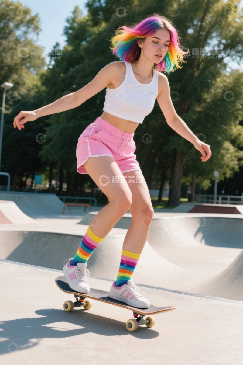 高清大图下载【趣麦麦图】滑板场彩发少女滑行
