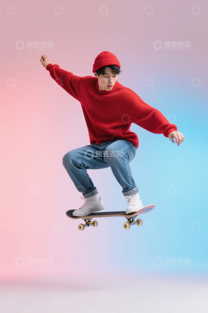 高清大图下载【趣麦麦图】红帽青年空中滑板