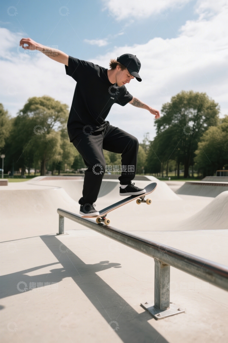 高清大图下载【趣麦麦图】男子滑板场栏杆技巧展示