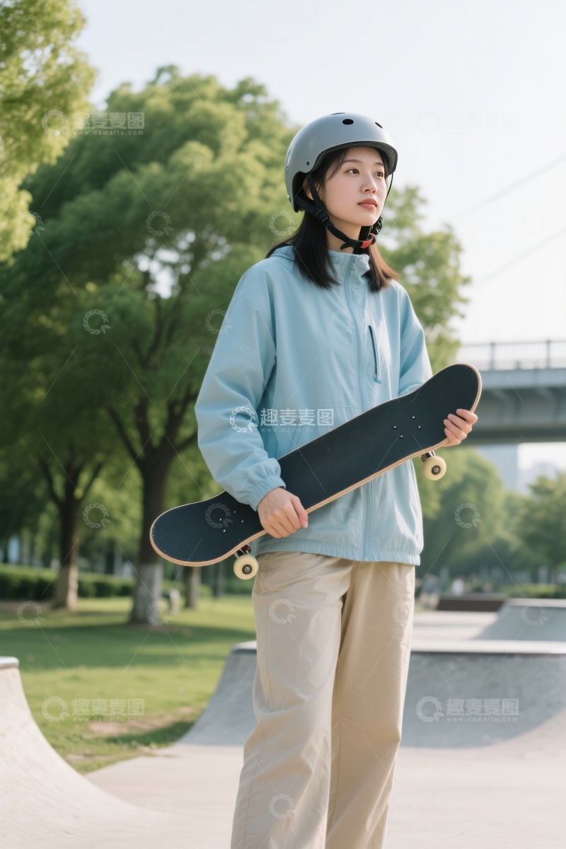 高清大图下载【趣麦麦图】女子公园持滑板安全装备齐全